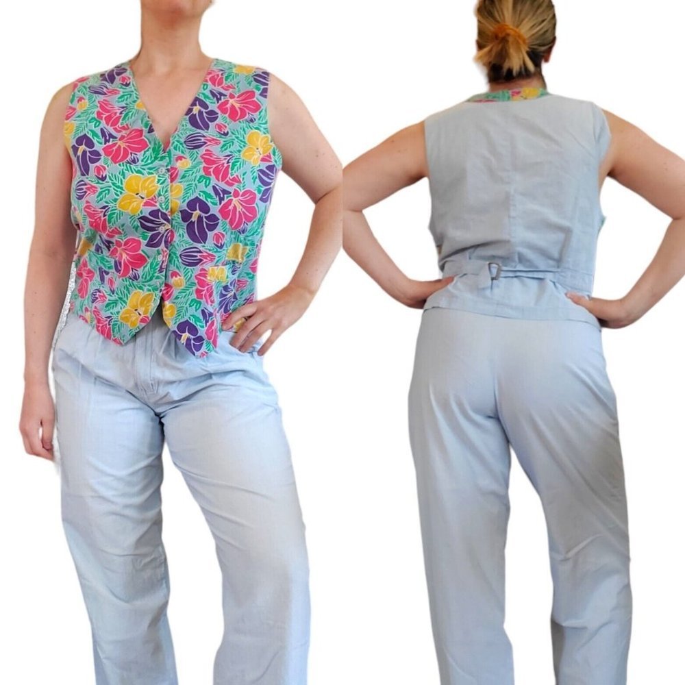 Vintage 90s Vest Short Pants Set Hawaiian Blue Chambray Pleated LG 10 12 Belt